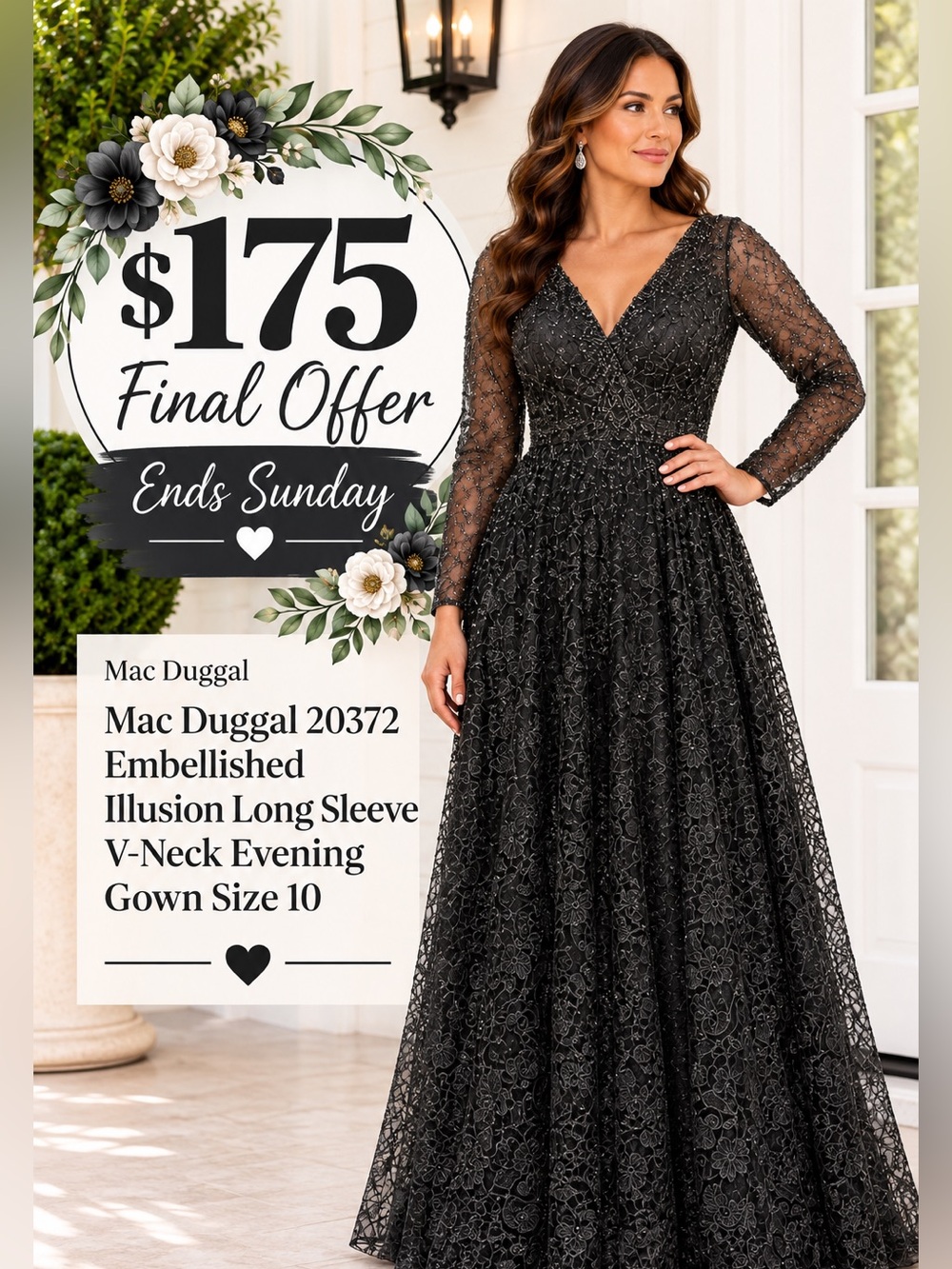 Mac Duggal 20372 Embellished Illusion Long Sleeve V-Neck Evening Gown Size 10